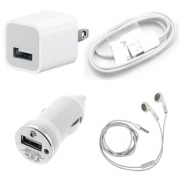 Car Charger Bundle USB Data Cable +Wall Charger+ Earphone for Apple iPhone 4 4S 3 3GS, iPod, Touch, Nano - 4 in 1 - Free Shipping by JITWATCHES