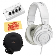 Audio-Technica M50 Professional Studio Monitor Headphones Bundle with Carrying Case, Headphone Amp, and Polishing Cloth - White